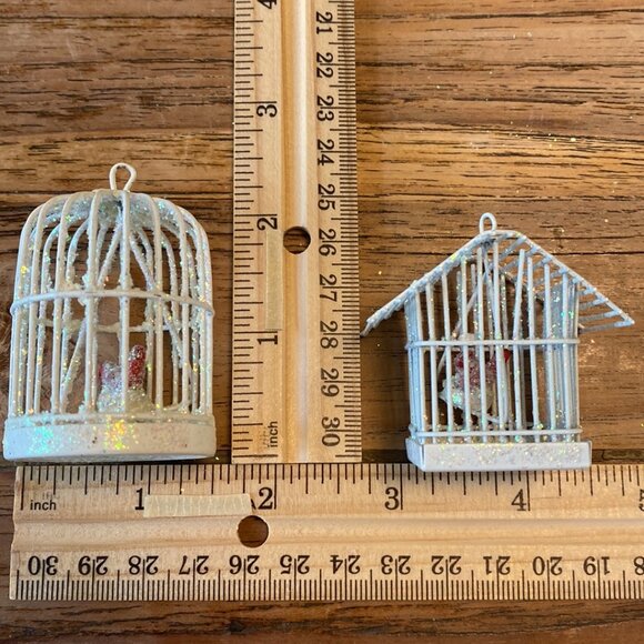 A Pair of White Wire Birdhouse Ornaments w/Red Birds on Swings - Picture 9 of 9